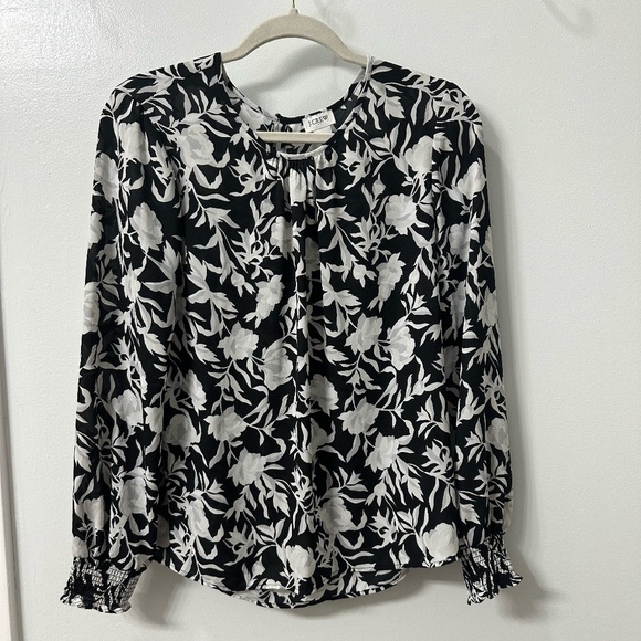 J. Crew Tops - J. Crew Black and White Floral Smocked Cuff Long Sleeve Blouse Sz. S